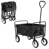 Bollerwagen Transportwagen Faltbar Handwagen mit Seitentasche, Gartenwagen mit 80kg Tragkraft, Outdoor Camping Einkaufen für jedes Gelände (Schwarz)