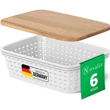 Novaliv 6er Set Aufbewahrungsboxen mit Holzdeckel Mini 1L Korb Weiß in Rattan Design Lebensmittelecht Aufbewahrungskorb Stapelboxen Nestbar Kunsts...