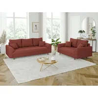 S-Style Möbel Polstergarnitur 3+2 Zara mit Braun Holzfüßen im skandinavischen Stil aus Cord-Stoff, (1x 2-Sitzer-Sofa, 1x 3-Sitzer-Sofa), mit Wellenfederung rot