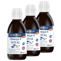 NORSAN Premium Omega 3 Fischöl Total Naturell hochdosiert 3er Pack (3x 200 ml) / 2.000mg Omega 3 pro Portion/Omega 3 Öl 1120mg EPA & 536mg DHA/Omega 3 Premium Öl mit 800 IE Vitamin D3