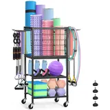 CADUKE Hantelständer, Yogamatte Aufbewahrung mit Rädern und Haken, multifunktionaler Kurzhantelständer Yoga Matte Hantelablage Gewichtsregal für Kurzhanteln, Kettlebells, Yogamatte, Schaumstoffrolle