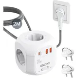 LENCENT PD20W Schnellladung 4 Fach Steckdosenleiste Flachstecker Steckdosenwürfel 7 in 1 Mehrfachsteckdosen Cube Steckdose mit 2 USB-A & 1 USB-C, Steckerleiste mit 2 Meter Geflochtenem Kabel