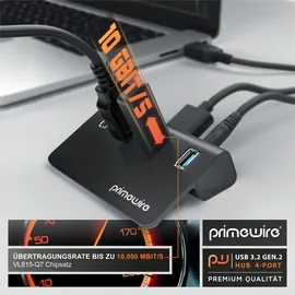 Primewire USB 3.2 Gen2 Hub, 4 Port Aktiver Verteiler mit Netzteil, 10 Gbit/s