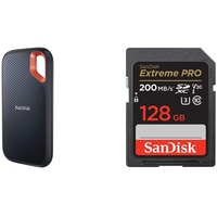SanDisk Extreme Portable SSD 1 TB Schwarz & Extreme PRO SDXC UHS-I Speicherkarte 128 GB (V30, Übertragungsgeschwindigkeit 200 MB/s, U3, 4K UHD Videos, QuickFlow-Technologie)