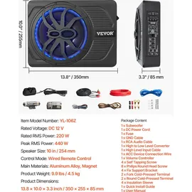 Vevor Untersitz Auto Subwoofer 440 W 254 mm schlanker Auto Subwoofer unter dem Sitz Subsystem mit eingebautem Verstärker, Hoch-/Niedrigpegel-Eingang und Lautstärkeregler für SUVs Lkws
