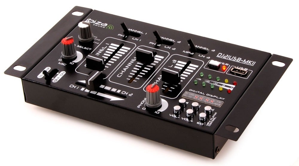 Mischpult Chinch Sound Mixer USB 4 Kanal Mischpult, MP3 Equalizer Talkover-Funktion VU-Meter Display, Drehschalter Schiebregler, LxBxH 24x6x13 cm