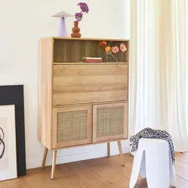 sweeek - Schreibschrank / Sekretär, 2 Türen und Regale, Holzeffekt und Rohrgeflecht