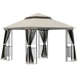 MODFU Standard-Gartenpavillon aus Metall in Beige, 299x299x274 cm, mit Doppeldach, Netzseitenwänden und Regalen