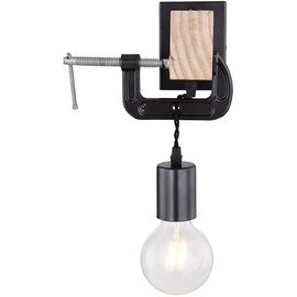 ETC Shop Wandleuchte hängend Wandlampe aus Holz mit Schraubzwinge schwarz, 1x E27, Textilkabel schwarz, 14x28x15cm, Flur Schlafzimmer Treppenhaus Wohnzimmer