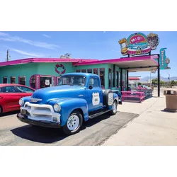 Fototapete PAPERMOON "VINTAGE DINER-OLDTIMER ROUTE 66 AMERIKA RESTAURANT XXL", bunt, B:4,50m L:2,80m, Vlies, Tapeten