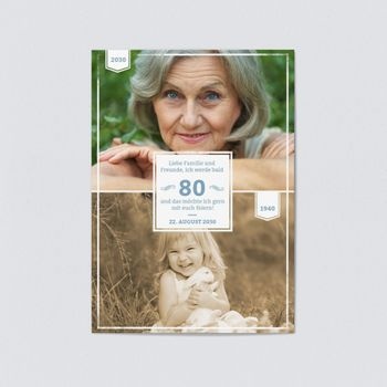 Einladungskarten 80. Geburtstag (5 Karten) selbst gestalten, Früher und Heute in Blau-Grau - Blau
