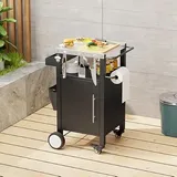 FammyLoft Metallschrank Outdoor mit Stauraum, Gartenschrank Wetterfest mit Haken und Gewürzregal, Outdoor Küche mit 360°-Rollen, für Terrasse/Balkon/Garten, Werkzeugschrank, Schwarz