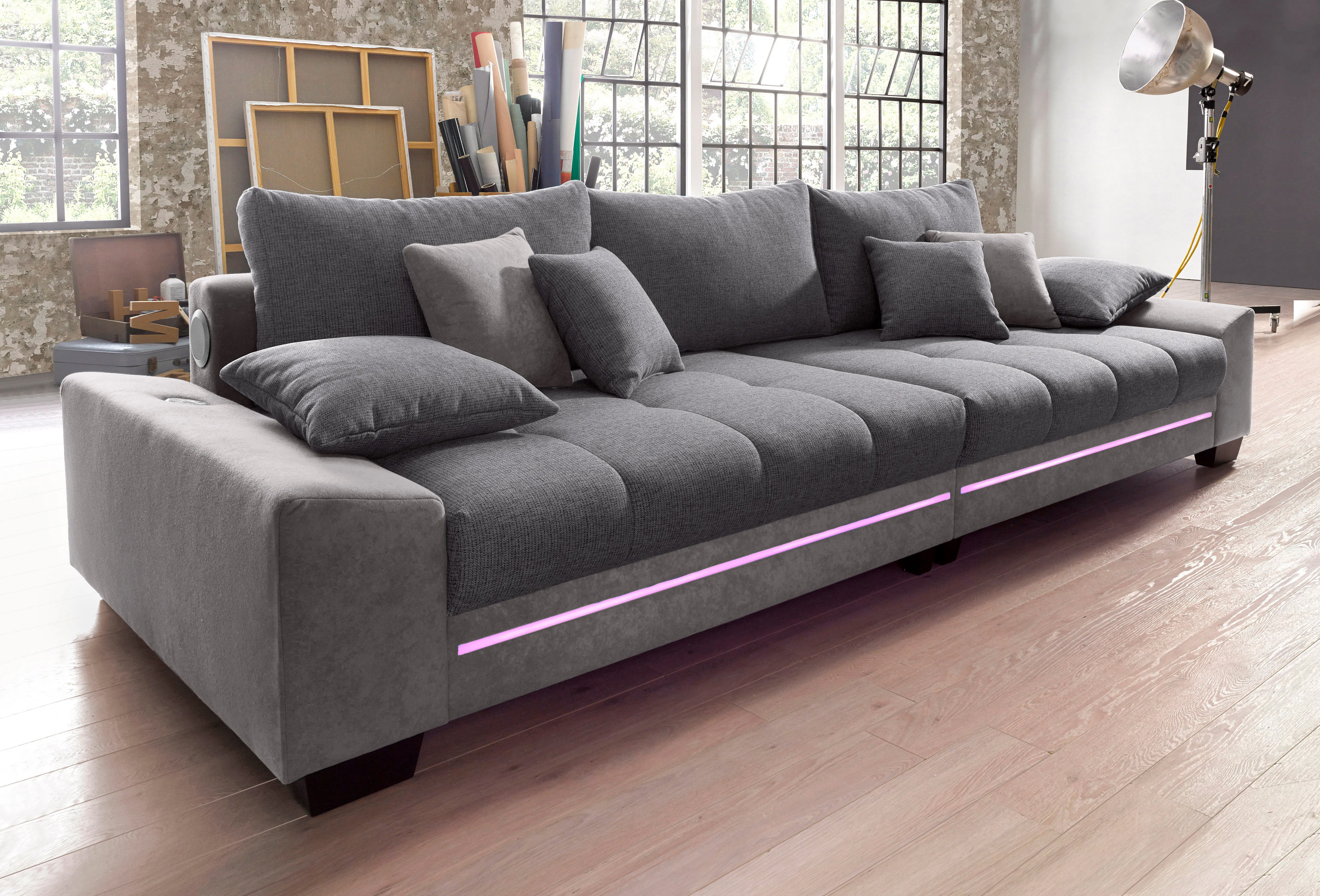 Big-Sofa INOSIGN "Nikita II" Sofas Gr. B/H/T: 300cm x 86cm x 118cm, Microfaser PRIMABELLE-Struktur, belastbar bis 100kg-mit Soundsystem-Mit RGB-LED-Beleuchtung, grau (anthrazit/dunkelgrau) Wahlweise mit Kaltschaumpolsterung, bis 140 kg belastbar