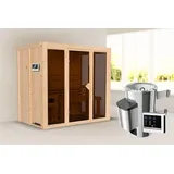 Woodfeeling Karibu Sauna Irava 3 - 68 mm Systemsauna - 230 Volt Plug & Play Bronzierte Ganzglastür Ohne Dachkranz 3,6 kW Plug&Play Ofen mit externer Steuerung Easy inkl. 8-teiligem gratis Zubehörpaket (Gesamtwert 191,92€)