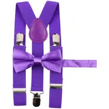 Queenbox Verstellbare Hosenträger für Kinder, Fliege, 1 STK. 65 cm Hosenträger in Y-Form mit Clip und 1 STK. 45 cm Fliege für Jungen und Mädchen, Lila