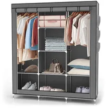 Intirilife Stoffschrank Kleiderschrank mit Kleiderstange, Fächern und Seitentasche - Textil 130x175x45 cm in ASCH GRAU - mit Reißverschluss