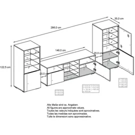 Vladon Wohnwand, Grau, Holzwerkstoff, 286x122.5x35 cm, Wohnzimmer, Wohnwände, Wohnwand-Sets