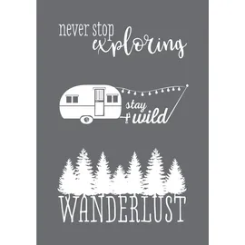 Rayher 45103000 Schablone Wanderlust, Format DIN A5, mit Rakel, Siebdruck-Schablone, Malschablone, selbstklebend, Grau