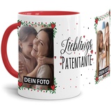 Tasse - Lieblings-Patentante - zum selbst Gestalten mit zwei Fotos - Fototasse für die Patentante - Keramik, Innen & Henkel Rot, 300 ml