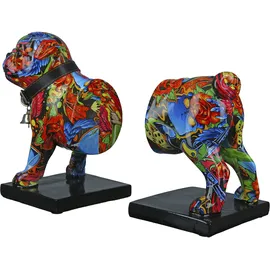 Casablanca modernes Design Casablanca Deko 1 Paar Buchstützen CD Ständer - Tierfigur Mops Hundefigur mit Halsband Glocke - Design: Street Art Graffiti Rosen - Mehrfarbig Gesamtlänge 22,5 cm