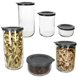 6tlg Set BOHO Vorratsdosen Anthrazit aus Glas & Kunststoff