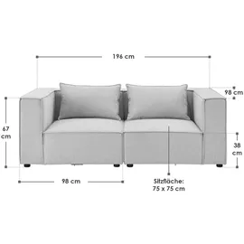 Juskys Modulares Sofa Domas 2 Sitzer mit Armlehnen + Kissen Stoff Hellgrau