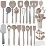 Küchenhelfer Set, Silikon Küchenhelfer 45-teilig, Spülmaschinenfest, Kochutensilien Set mit Utensilienhalter, Antihaft Hitzebeständiger Küchenset, Ideal als Geschenk (Hellbraun)