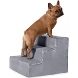 VELORA H&L Hundetreppe 3 Stufen Grau - Stabile Holzkonstruktion mit Veloursbezug, rutschfeste Hundetreppe für Sofa und Bett, Haustiertreppe für Hunde und Katzen, Belastbar bis 80 kg