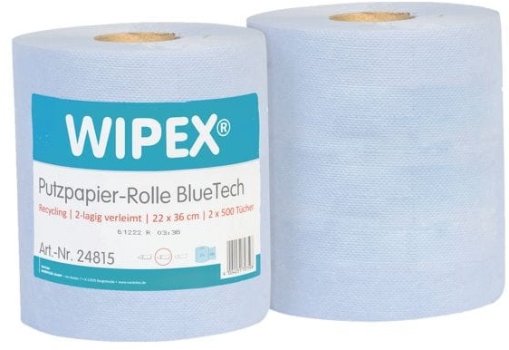 2er-Pack Papier-Putztuchrolle »BlueTech« blau 2-lagig 22 x 36 cm (2 x 500 Blatt) blau, WIPEX, 22 cm