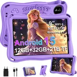 SUAAT Kinder Tablet 9 Zoll Android 15 Octa Core, 12(6+6) GB RAM + 32 GB ROM, 5G + 2,4G WiFi, GMS,Widevine L1,BT 5.0, 5000 MAh, Assistant AI,SD-Kartenunterstützung, Eva-Schutzhülle – Lila