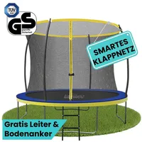 Zero Gravity Gartentrampolin Ø 183/244/305/366/427 cm, Trampolin Outdoor mit Leiter & 4xBodenanker, Ø 305 cm, Trampolin Outdoor Komplett-Set, TÜV GS, Smarter & schneller Netzabbau blau 305 cm