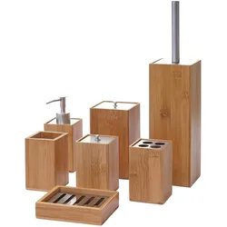 Mendler 7-teiliges Badset HWC-A90, WC-Garnitur Badezimmerset Badaccessoires Seifenspender Zahnbürstenhalter Seifenschale, Bambus
