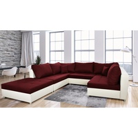 Fun Möbel Wohnlandschaft Sofa U-Form ANDRO, Inkl. Schlaffunktion, Bettkasten und Hocker, in drei verschiedenen Stoffen, Inkl. 2 Zierkissen und 7 Rückenkissen rot|weiß