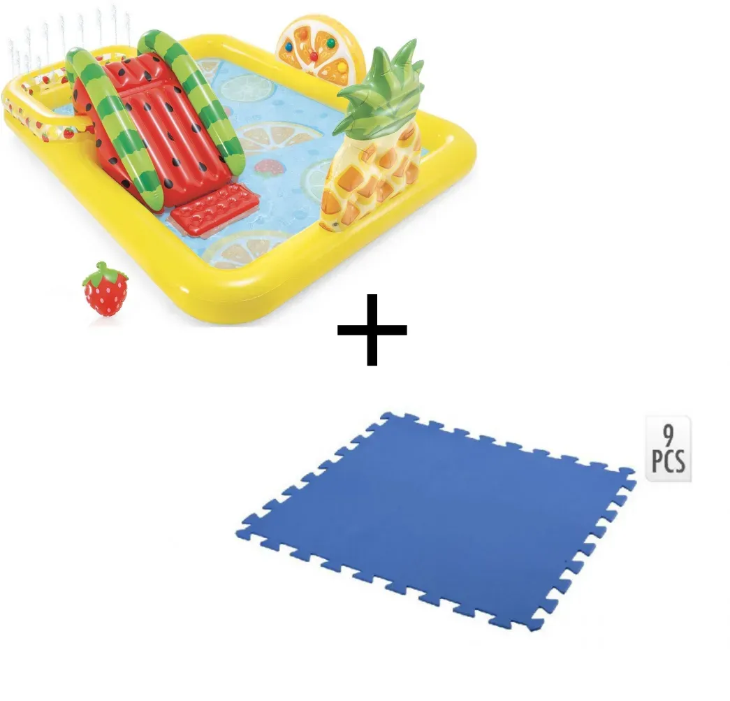 Intex Aufblasbarer Kinderpool - mit Rutsche - Obst - 244 x 191 x 91 cm + + INCL. Free And Easy Schwimmbadfliesen Schaumstoff Blau 9 Stück