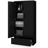 Jan Nowak Aktenschrank Metall Büroschrank 90 cm MEGAN 1 Schublade 30 cm abschließbar (0,6 mm Wandmontage möglich PZH-zertifiziert) Stahl 4 Böden Schloss 2 Schlüssel robust 4 Farben 185 cm schwarz
