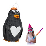 Relaxdays 2 x Pinata Pinguin, zum Aufhängen, Kinder & Erwachsene, Geburtstag, Piñata zum Befüllen, HxBxT 42 x 21 x 21 cm, schwarz