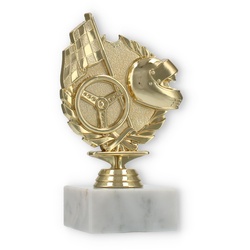 Pokal Kunststofffigur Rennsport gold auf weißem Marmorsockel 15,5cm