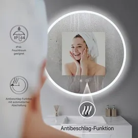 PonteSino HOKO Badspiegel LED Antibeschlag rund 60cm+LED Wechsel Warmweiß-Kaltweiß-Neutral 2700-6500K. Licht mit Touch Schalter/Wandschalter einschaltbar).... - Transparent
