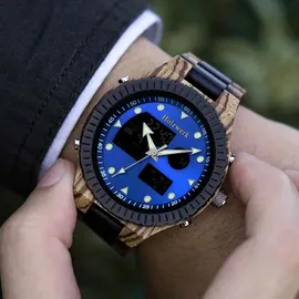 Holzwerk INGOLSTADT Designer Holz Digital & Analog Uhr mit Datum, blau, schwarz