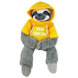 BEMIRO Faultier Kuscheltier mit Kapuze - gelb Keep Smiling - ca. 60 cm, Kuscheltier mit Pulli, Kletthände zum anhängen, Plüschtier mit Hoodie