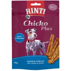 RINTI Chicko Plus 80 Gramm Hundesnacks Sparpaket 12 x 80 Gramm Fischstäbchen mit Lachs & Huhn