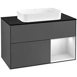 Villeroy und Boch Finion Waschtischunterschrank G252MTGK 100cm, Abdeckplatte black matt, Emotion, Regal rechts White matt lacquer, Anthracite matt