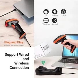 Tera Barcode-Scanner Bildsensor 2D 1D QR Wireless 2,4 GHz mit Ladestation USB-Kabel Digitaler-Bildscanner für Lagerhalle, Bibliothek, Geschäft, PDF417 auf Führerschein, HW0008