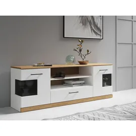 Home Affaire Lowboard HOME AFFAIRE "Ribe,160cm breit,55cm hoch,Oberplatte massiv", weiß (weis, eiche), B:160cm H:55cm T:35cm, FSC-zertifizierter Holzwerkstoff, Massivholz, Sideboards, Lowboard, Oberplatte Massivholz,schwarze Metall Griffe,2 Türen mit Glaseinsatz