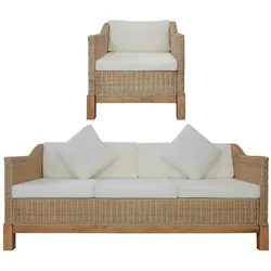 vidaXL 2-tlg. Sofagarnitur mit Auflagen Natur Rattan