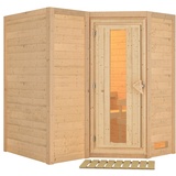 Woodfeeling Karibu Sahib 1-Sauna 40mm-Fronteinstieg -Exklusivoptik-Ohne Ofen-ohne Dachkranz- Energiesparende Saunatür inkl. 8-teiligem gratis Zubehörpaket (Gesamtwert 191,92€)