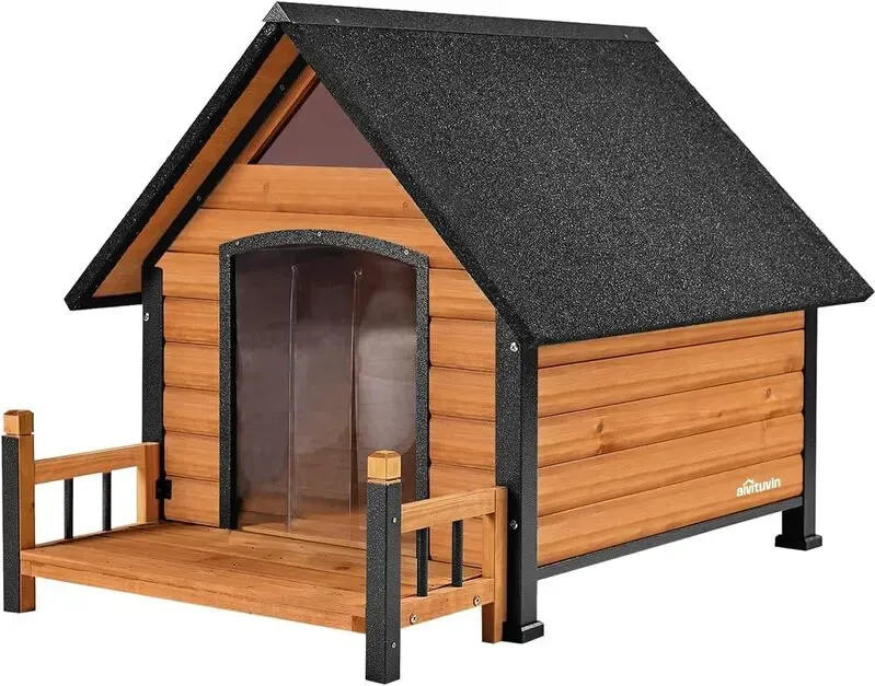 Aivituvin-AIR80 Outdoor Hundehütte mit Veranda | Starker Eisenrahmen - Braun - Mittel 32,9