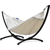 Potenza Outdoor Hängematte mit Gestell für 2 Personen I Baumwolle Doppelhängematte XXL 220x160, 200kg I Hängemattengestell 220kg, wetterfest (Ecru, Gestell Schwarz)