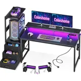 Gaming Tisch mit LED-Beleuchtung und Steckdose, Carbon Fiber, Schwarz, 151×50 cm - Schwarz
