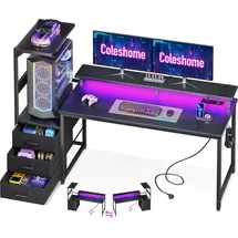 Gaming Tisch mit LED-Beleuchtung und Steckdose, Carbon Fiber, Schwarz, 151×50 cm - Schwarz